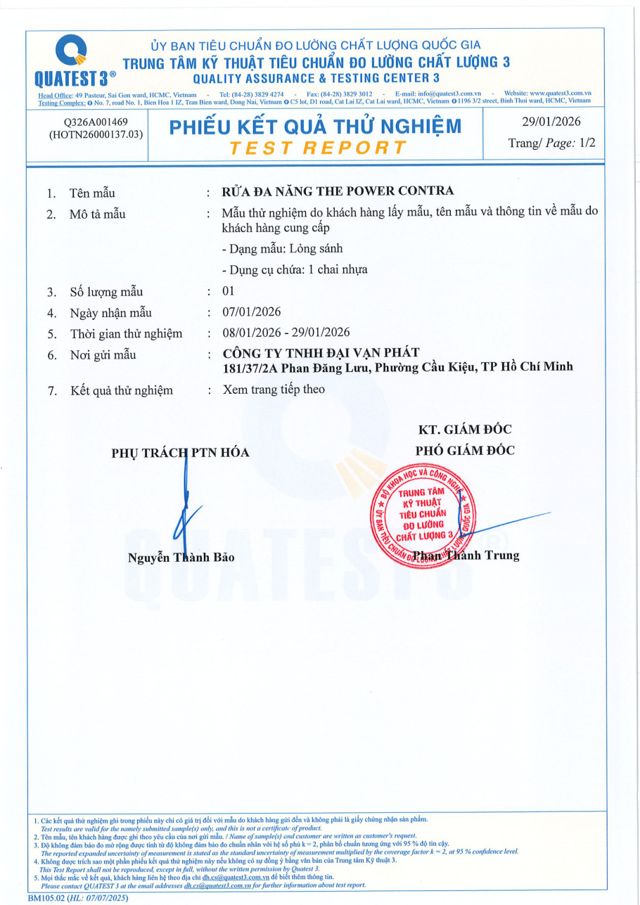 Phiếu kiểm nghiệm QUATEST 3 — Rửa Đa Năng The Power Contra